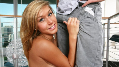 Cock play on the knees with a smiling young blonde Kennedy Leigh