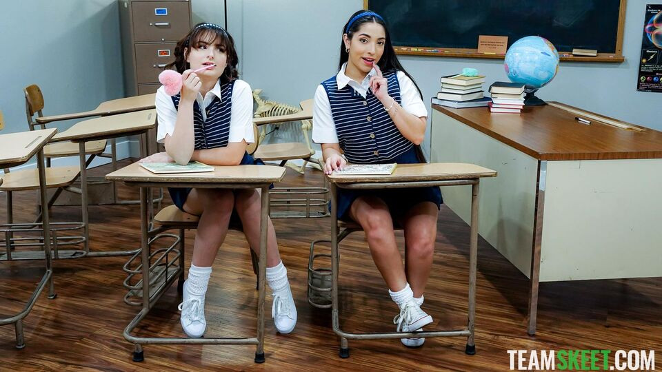 Rough fuck in the classroom with teens Madison Wilde and Evie Christian